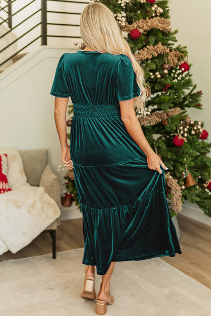 Evergreen velvet tiered maxi dress