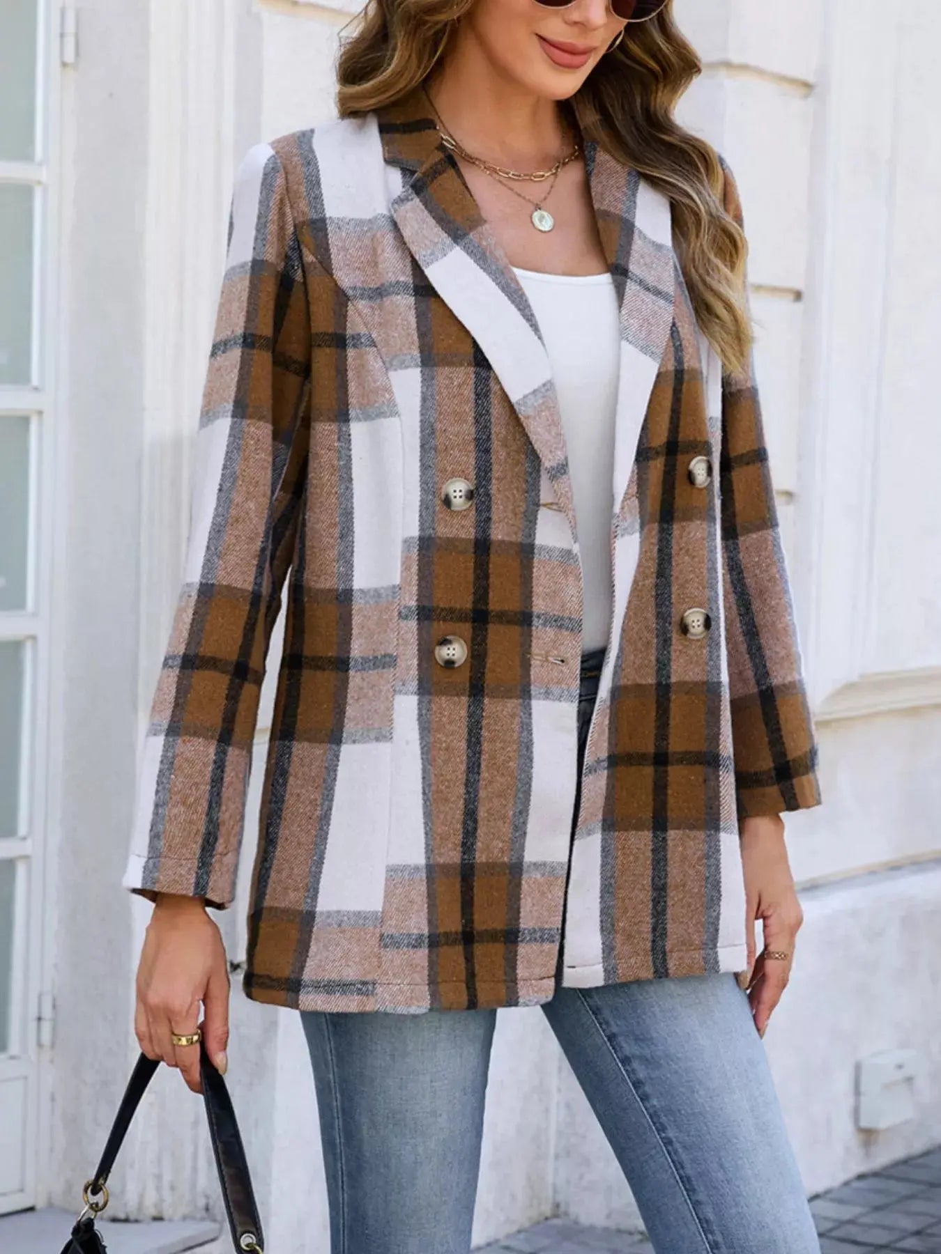 Plaid Double Breasted Blazer For Women With Lined Body Polyester Office Ready Simply Love