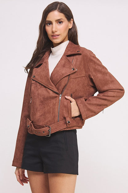 PLUS BELTED LONG SLEEVE ZIPPERED SUEDE MOTO JACKET