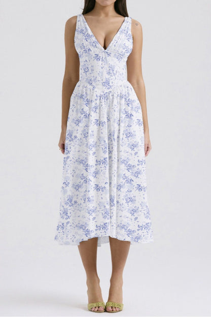 Garden Muse V-Neck Midi Dress with Pockets