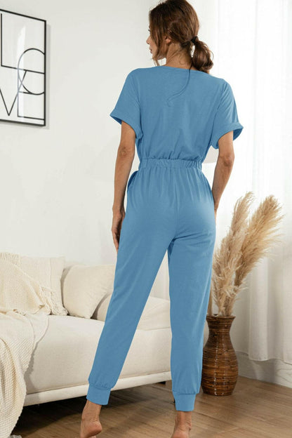 Surplice Neck Tied Short Sleeve Jumpsuit.