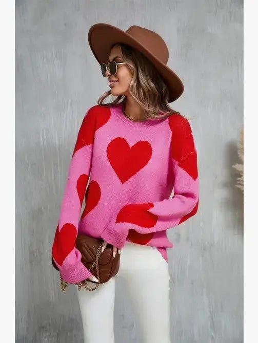 Relaxed Fit Heart Pattern Knit Sweater For Casual Chic Everyday Wear Miss Sparkling