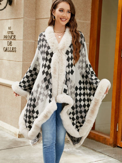 Checkered Faux Fur Trim Poncho.