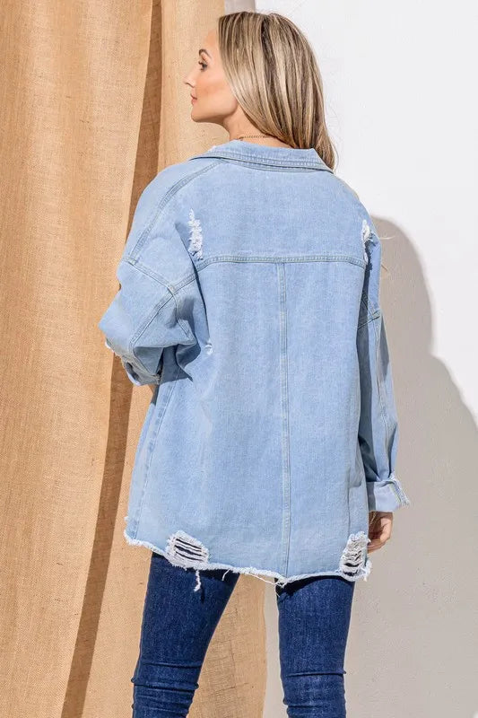 And The Why Button Front Flap Pocket Ripped Denim Jacket - Love Salve 