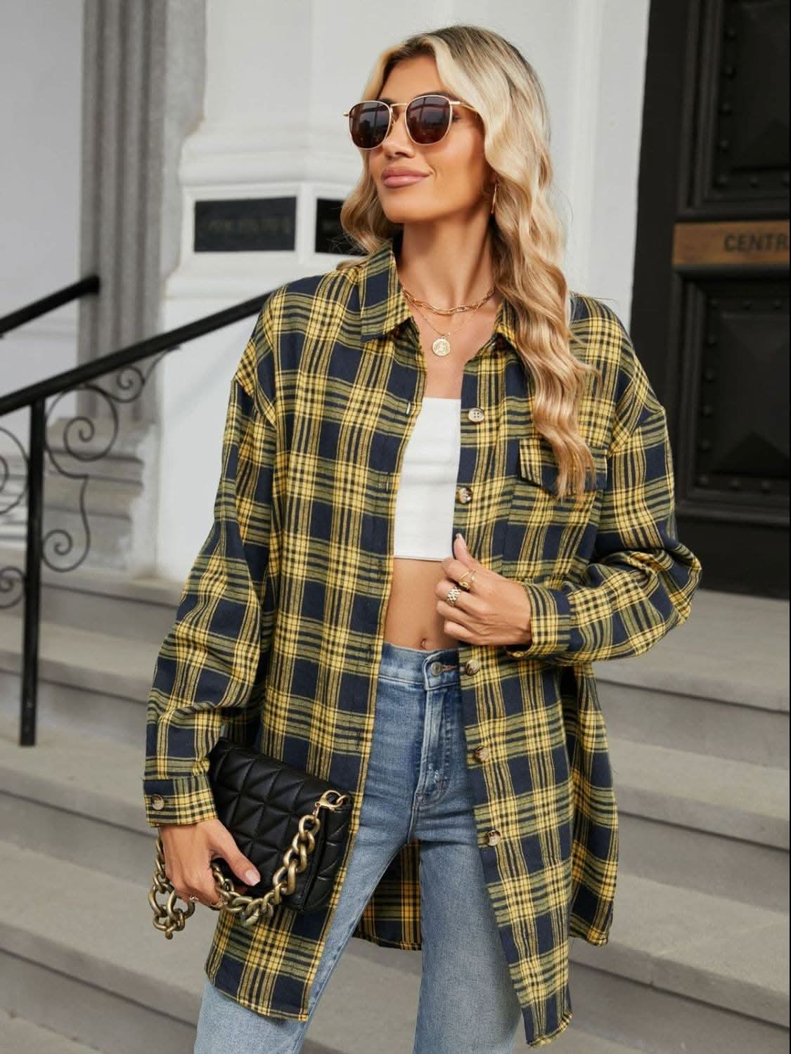 Plaid collared long sleeve shirt - Love Salve 