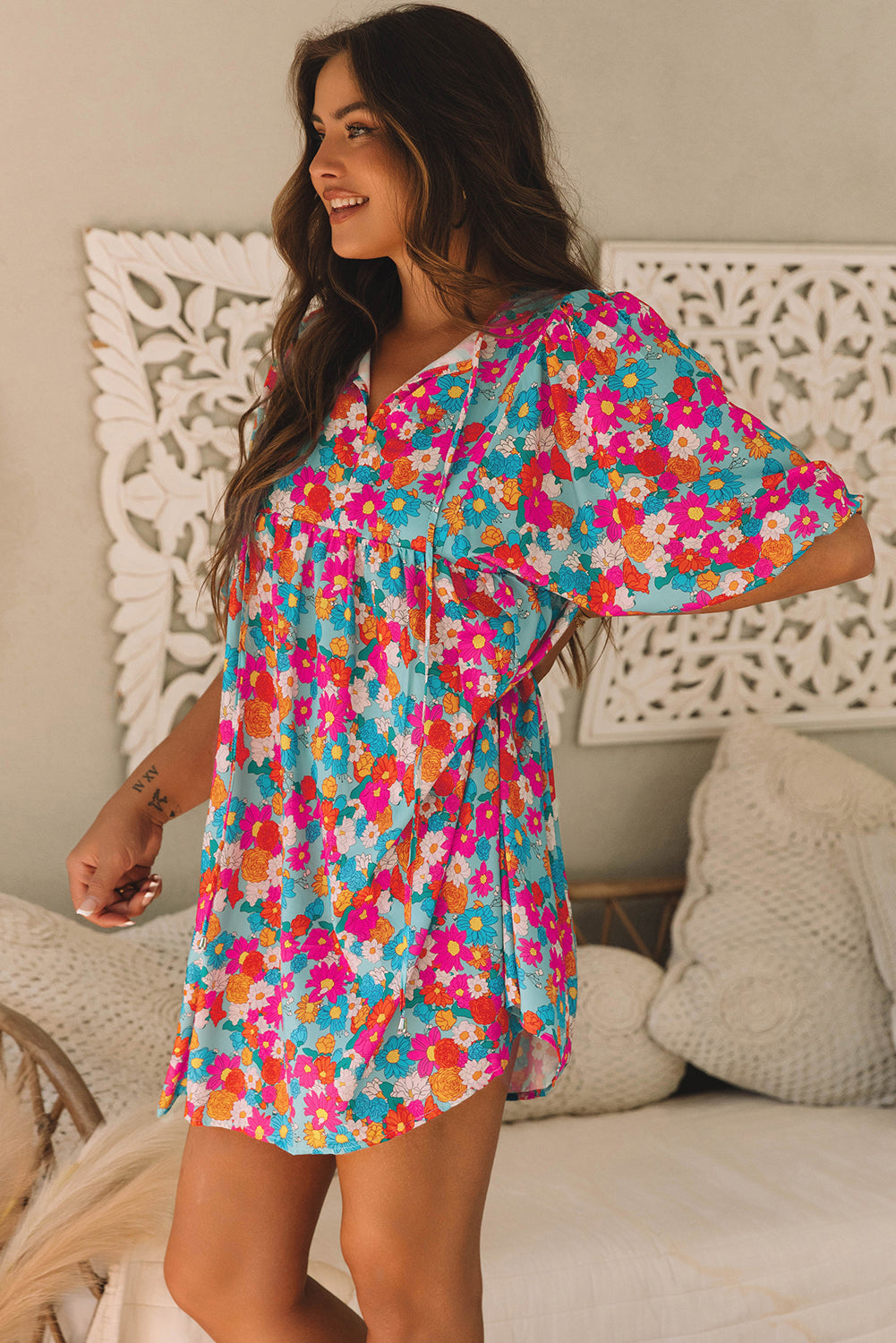 Lena Floral Bubble Sleeve Babydoll Dress for Women - Love Salve 