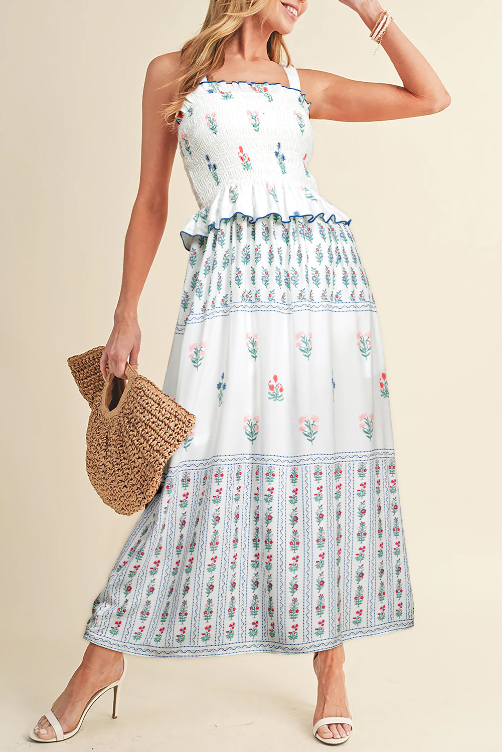 Floral Ruffled Sleeveless Maxi Dress in White