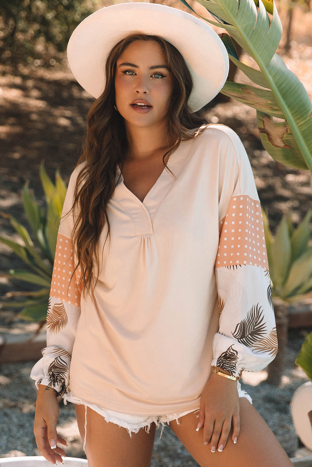 Chic palm print blouse with puff sleeves