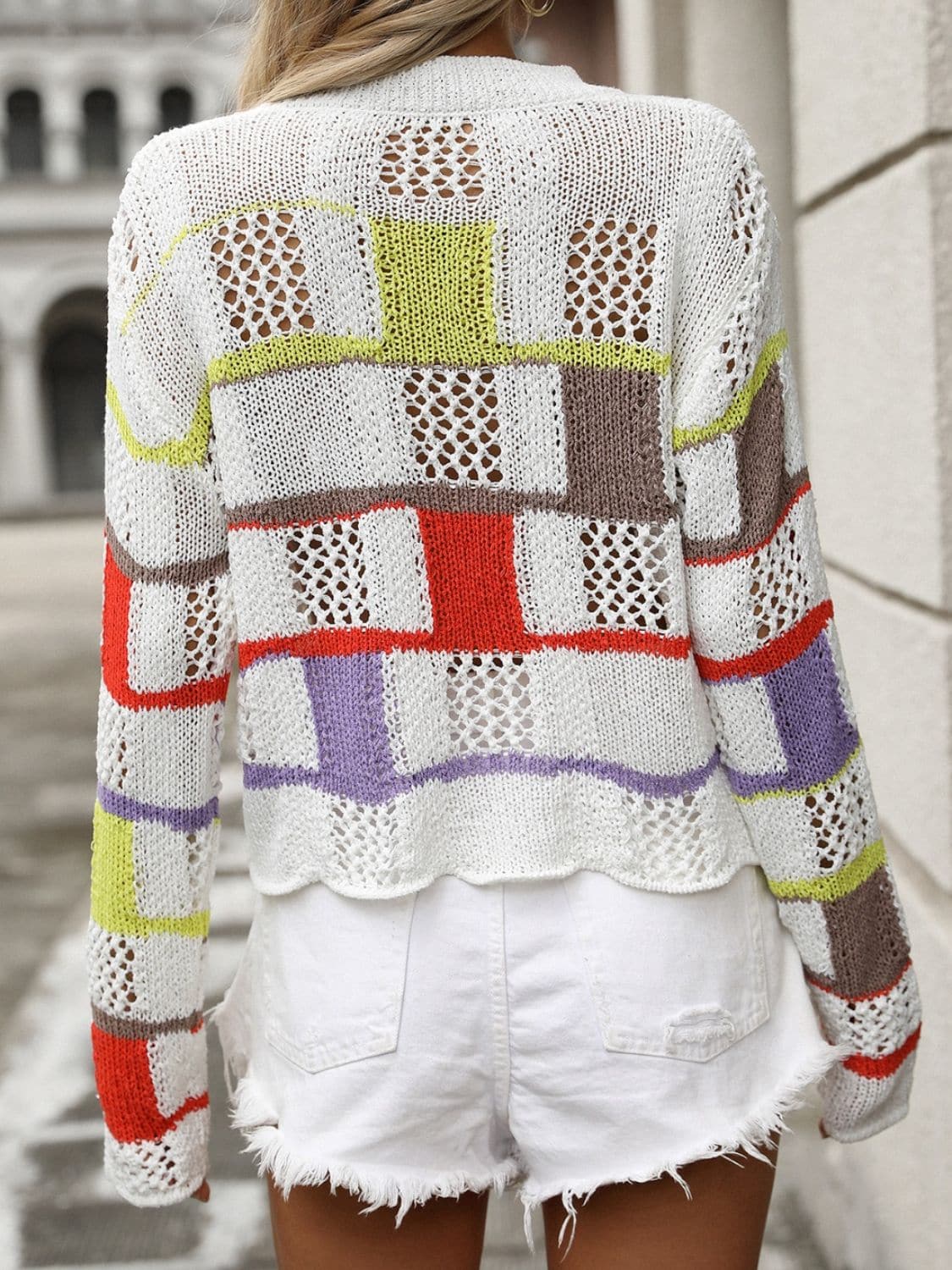 Openwork Color Block Round Neck Sweater.