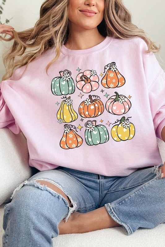 Cozy fall vibes: Retro pumpkins and daisies graphic sweatshirts