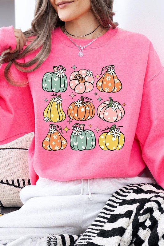 Cozy fall vibes: Retro pumpkins and daisies graphic sweatshirts