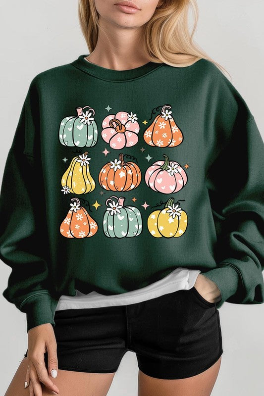 Cozy fall vibes: Retro pumpkins and daisies graphic sweatshirts