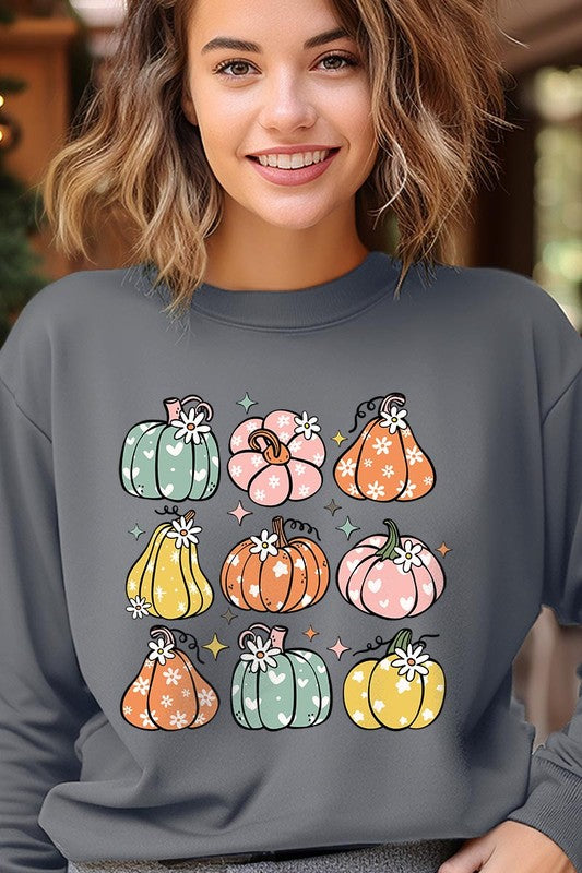 Cozy fall vibes: Retro pumpkins and daisies graphic sweatshirts