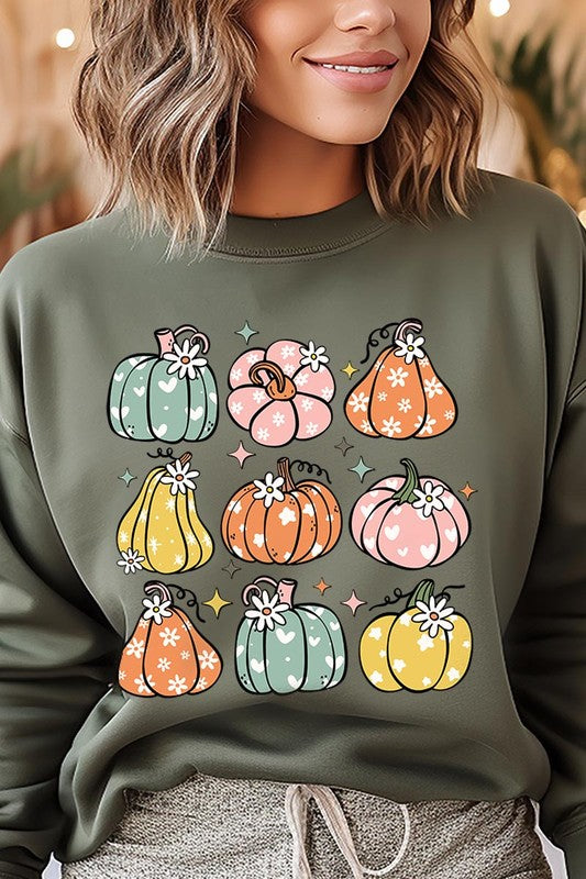 Cozy fall vibes: Retro pumpkins and daisies graphic sweatshirts