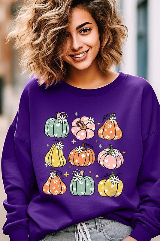 Cozy fall vibes: Retro pumpkins and daisies graphic sweatshirts