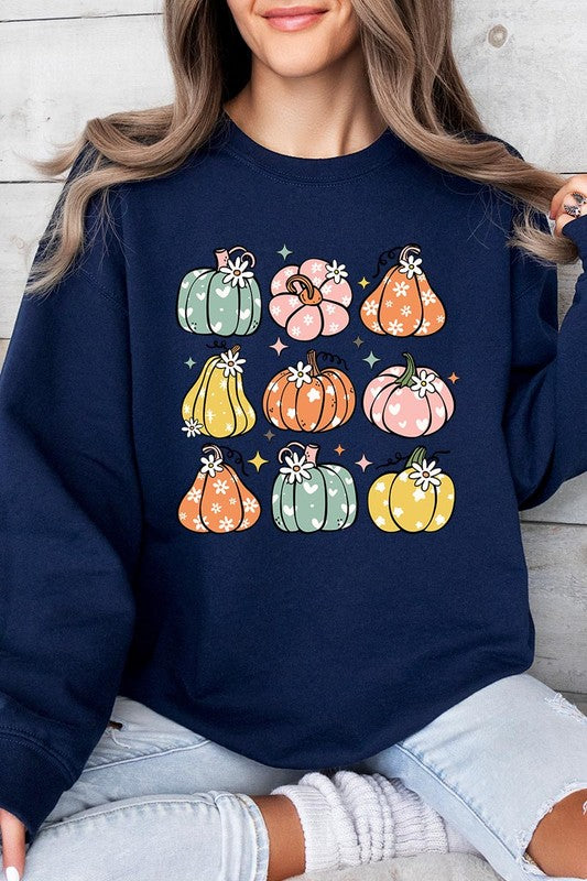 Cozy fall vibes: Retro pumpkins and daisies graphic sweatshirts