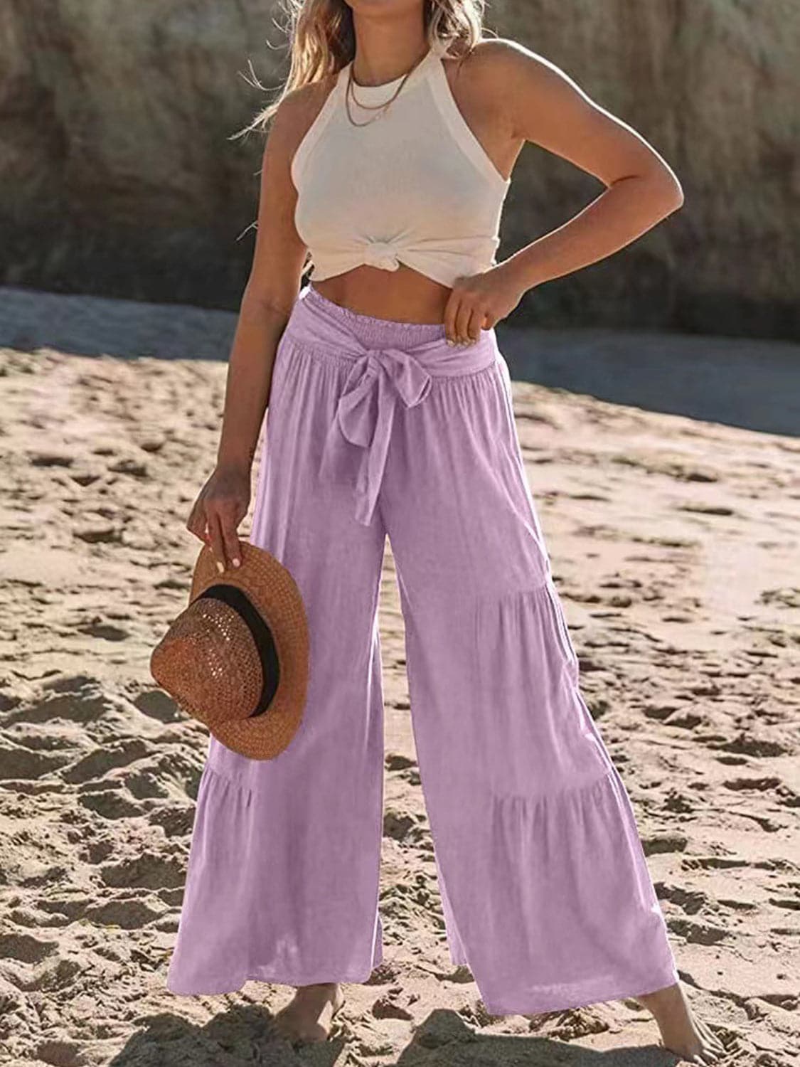 Tied Ruched Wide Leg Pants.