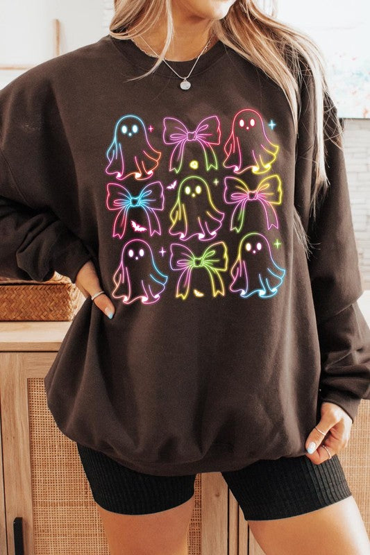 Spooktacular Coquette Neon Ghost Sweatshirt for Halloween Fun