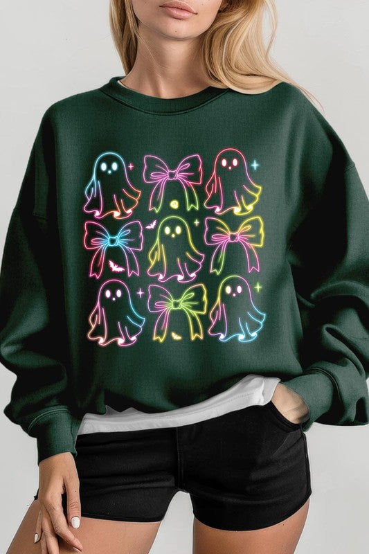 Spooktacular Coquette Neon Ghost Sweatshirt for Halloween Fun