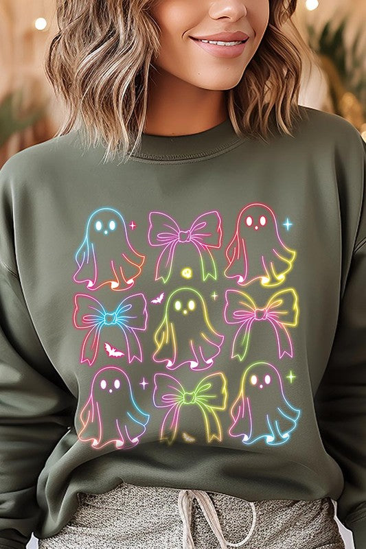 Spooktacular Coquette Neon Ghost Sweatshirt for Halloween Fun