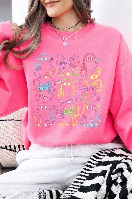 Spooktacular Coquette Neon Ghost Sweatshirt for Halloween Fun