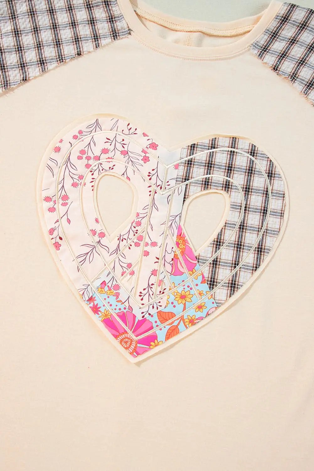 Beige Plaid Floral Peace Heart Graphic Wide Long Sleeve Top - Love Salve 