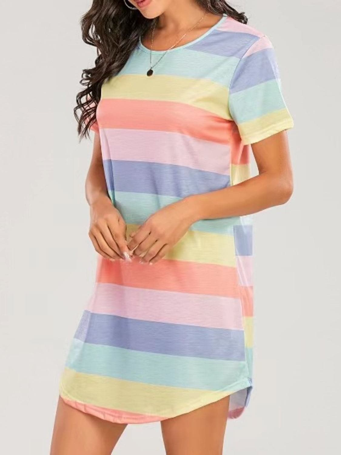 Striped Round Neck Short Sleeve Tee Dress.