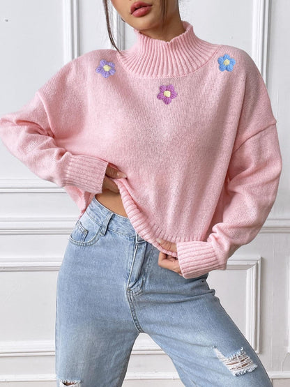 Floral elegance turtleneck long sleeve sweater