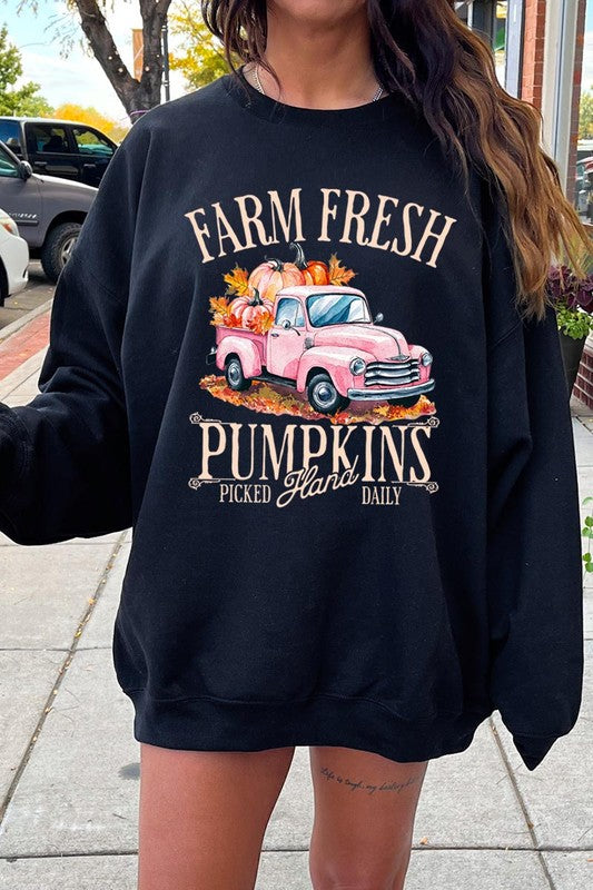 Cozy autumn vibes with pumpkin truck fleece sweatshirts