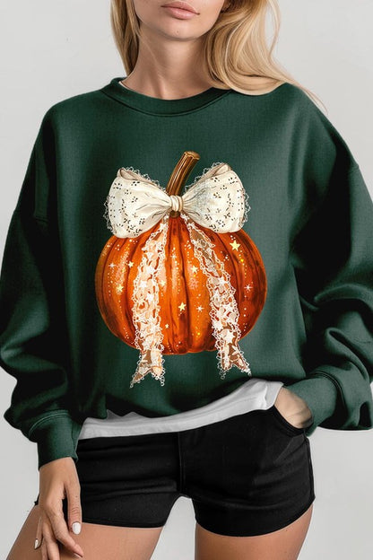 Chic pumpkin fleece sweatshirt with coquette bow for Halloween festivities