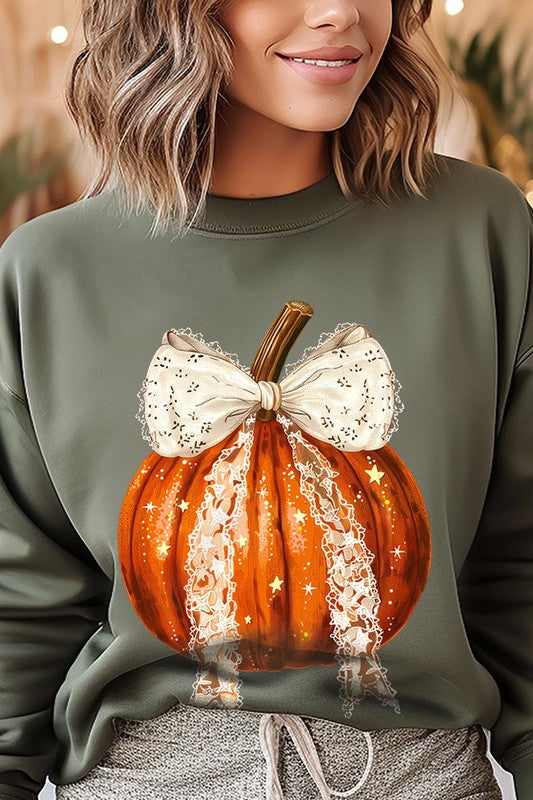 Chic pumpkin fleece sweatshirt with coquette bow for Halloween festivities