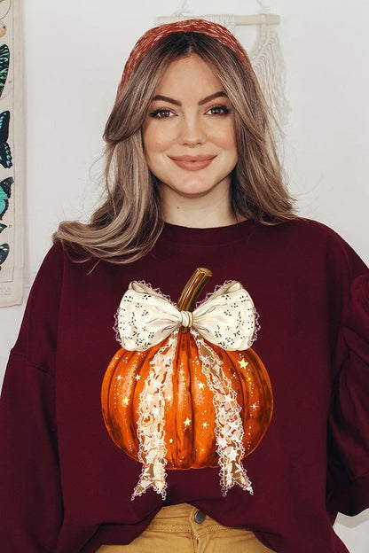 Chic pumpkin fleece sweatshirt with coquette bow for Halloween festivities