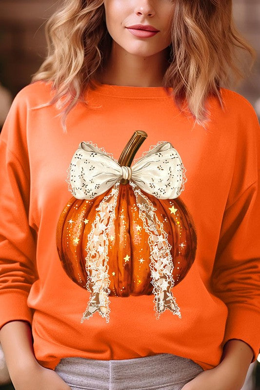 Chic pumpkin fleece sweatshirt with coquette bow for Halloween festivities