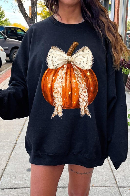 Chic pumpkin fleece sweatshirt with coquette bow for Halloween festivities