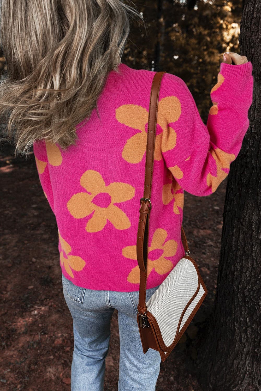 Flower Round Neck Long Sleeve Sweater.