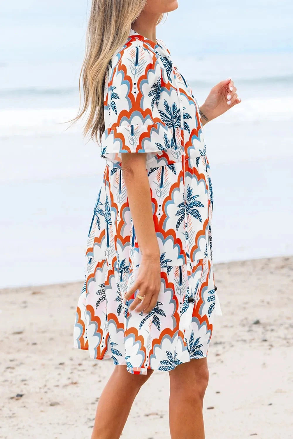 Contrast Palm Tree Printed Short Sleeve Flowy Dress Simply Love