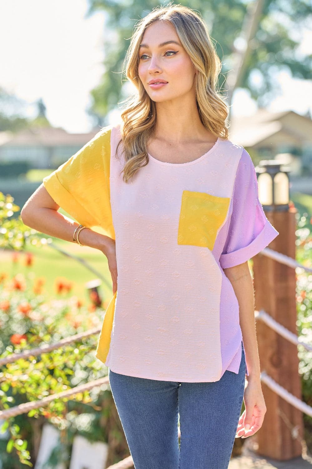 Hailey & Co Full Size Color Block Short Sleeve Top.