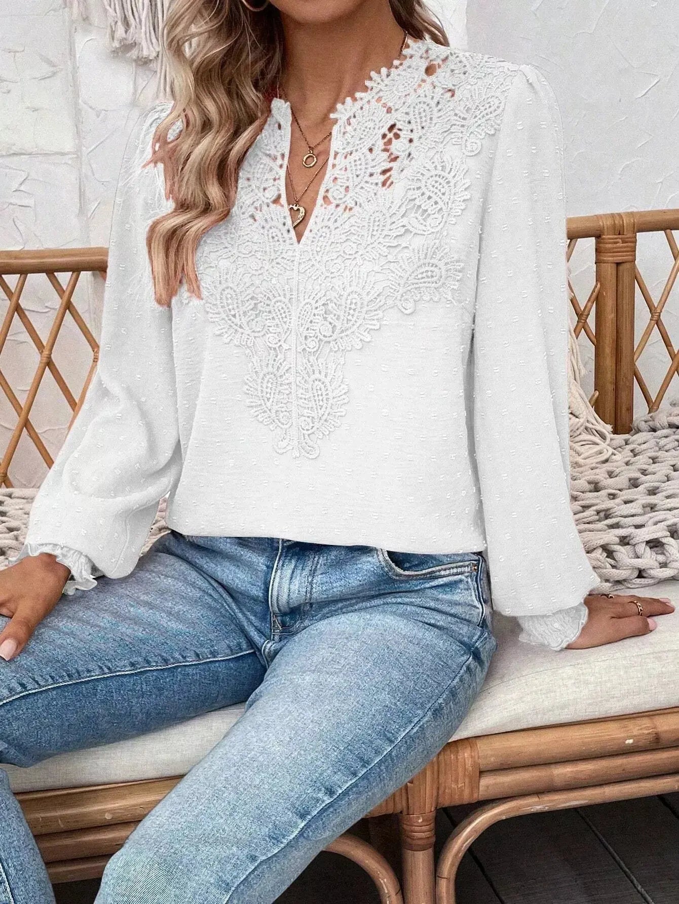 Lace Trim Long Sleeve Blouse Simply Love