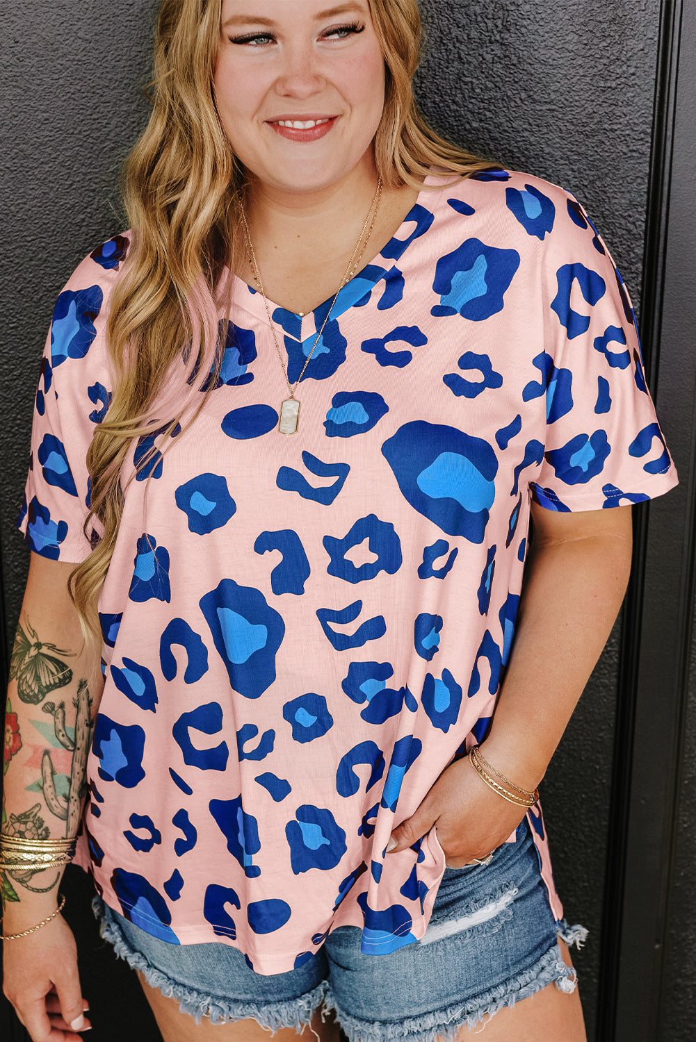 Wildly chic pink leopard print plus size v neck tee