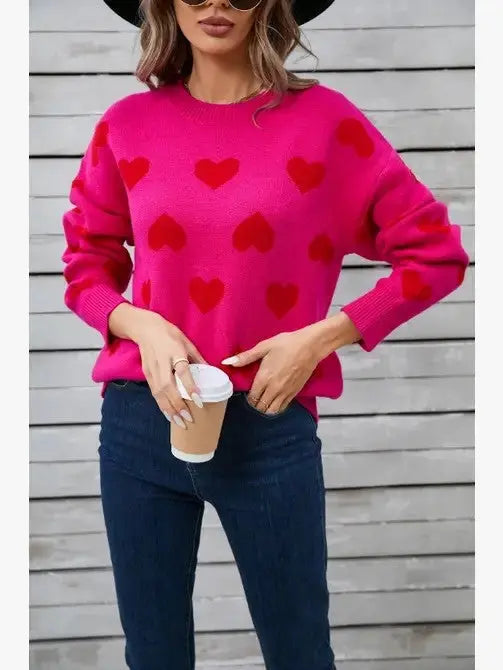 All Over Heart Pattern Knit Crew Neck Sweater For Everyday Comfort Miss Sparkling