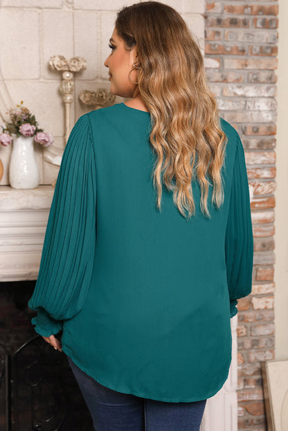 Chic green pleated bubble sleeve blouse for plus sizes