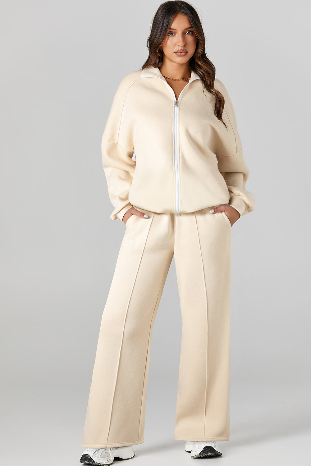 Beige Drop Shoulder Zip Jacket Set 2Pcs Activewear Gear