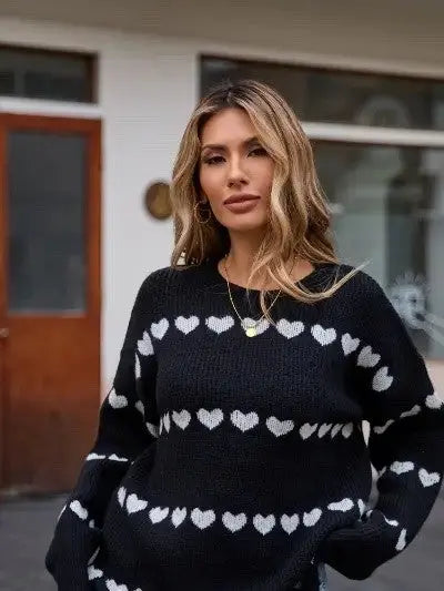 Heart Motif Knit Sweater With Rows Of Hearts In Relaxed Fit Miss Sparkling