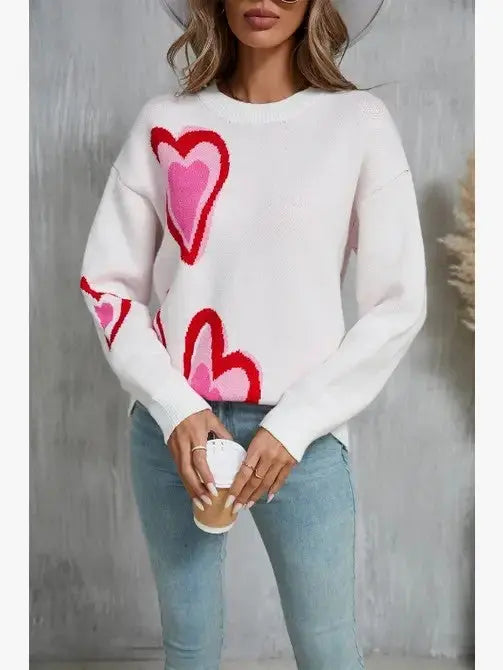 Heart Pattern Knit Sweater Cozy Soft Knit Crew Neck Relaxed Fit Miss Sparkling