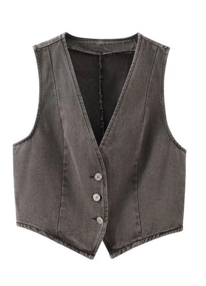 Cropped button front denim vest Miss Sparkling