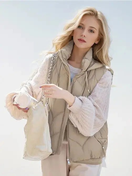 Lightweight Hooded Puffer Vest With Stand Collar And Drawstring Hood Miss Sparkling