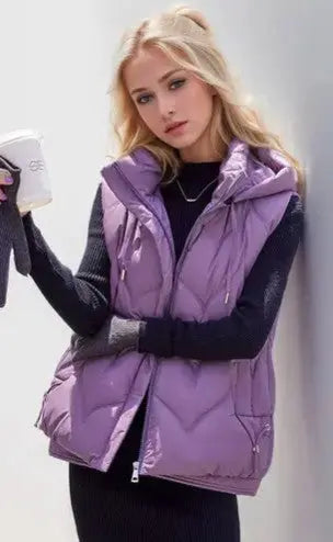Lightweight Hooded Puffer Vest With Stand Collar And Drawstring Hood Miss Sparkling