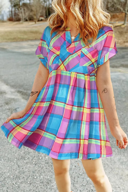 Plaid Notched Short Sleeve Mini Dress.