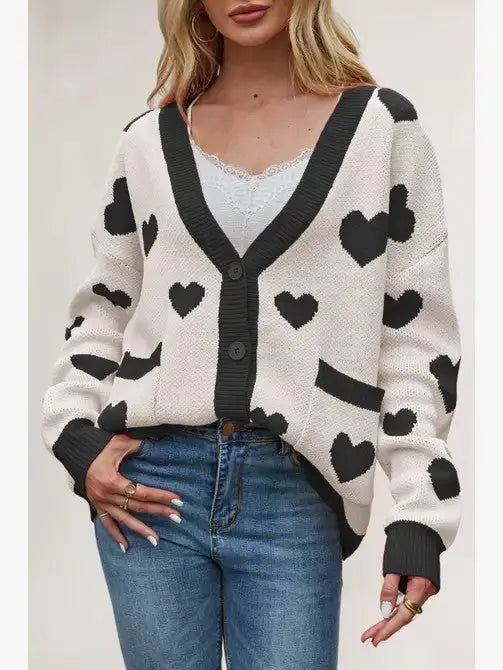 Romantic Heart Print Cardigan With V Neck And Button Front Soft Knit Miss Sparkling