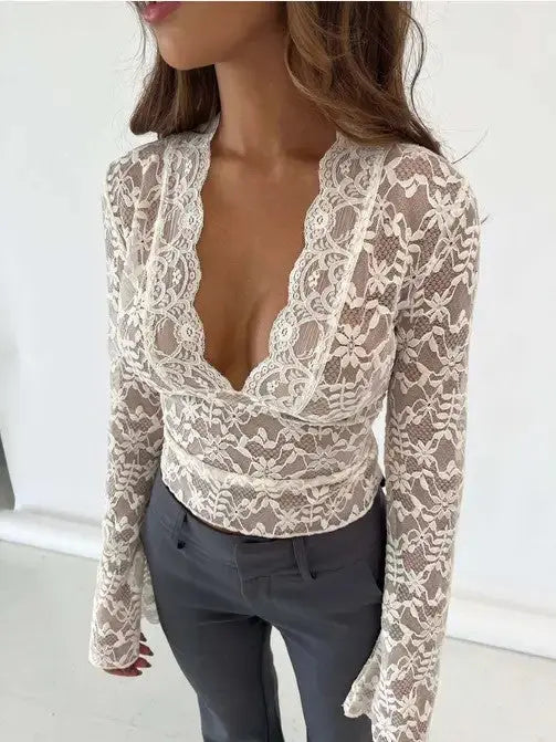 Floral Lace Mesh V Neck Top Slim Fit Stretchy Comfortable Miss Sparkling